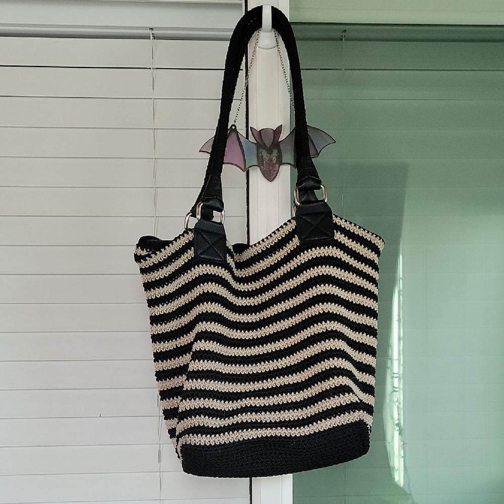 THE SAK Striped Black and Cream Crochet Tote Bag - Women's Shoulder Bag
